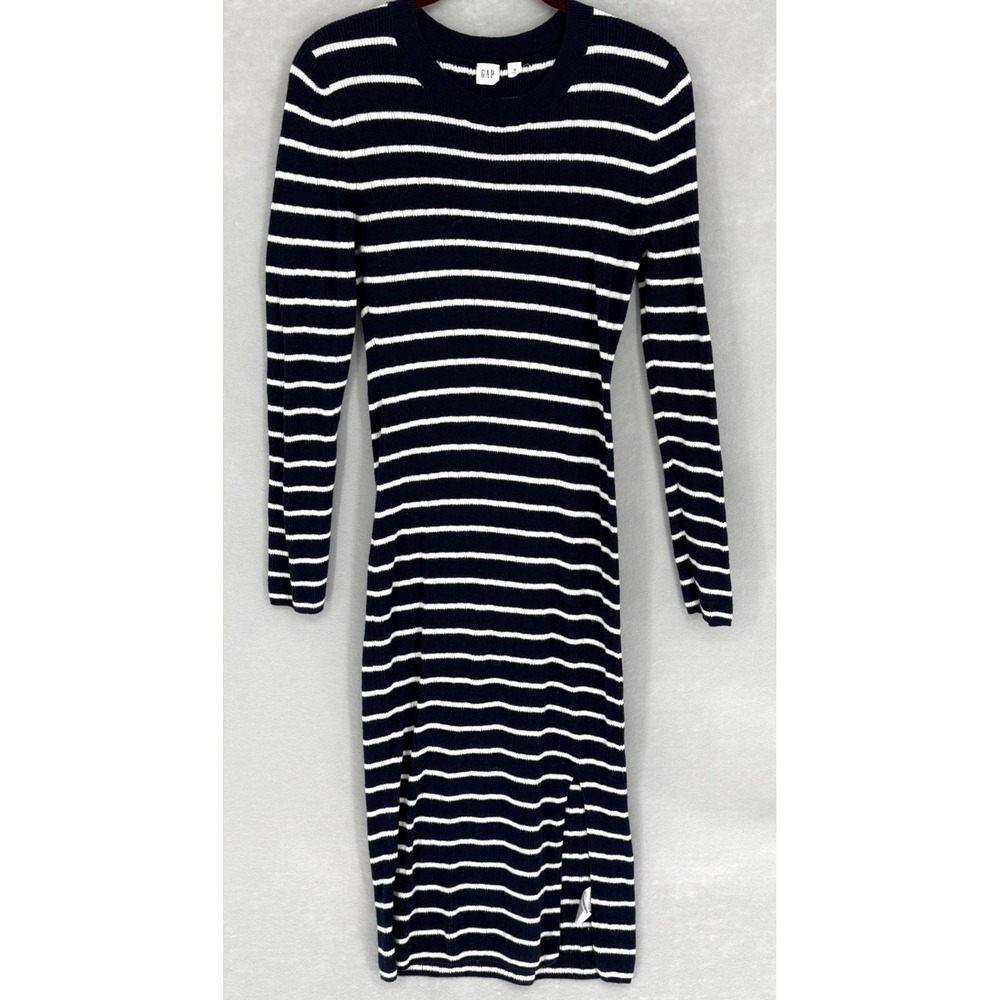 Gap Dress Womens Medium Navy White Striped Ribbed Knit Long Sleeve Sweater Y2K